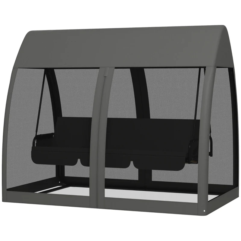 Outsunny 3-Seater Outdoor Swing Chair Chaise Lounger Bed Garden Hammock with Steel Stand, Canopy Netting Walls, Dark Grey