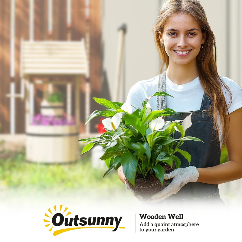 Outsunny Wood Wishing Well for Outside with Hanging Bucket, Wishing Well Planter with Drain Hole for Garden Patio, Natural