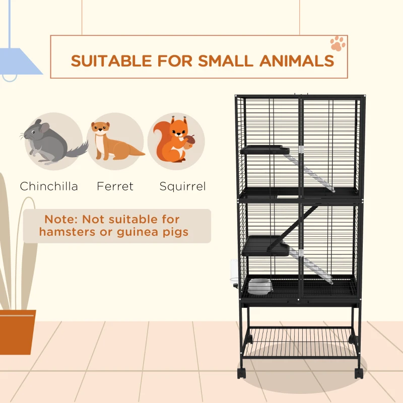 PawHut Rolling Small Animal Cage 53.5"H Chinchilla Cage for Ferrets, Squirrels w/ Removable Tray, Storage Shelf, Black