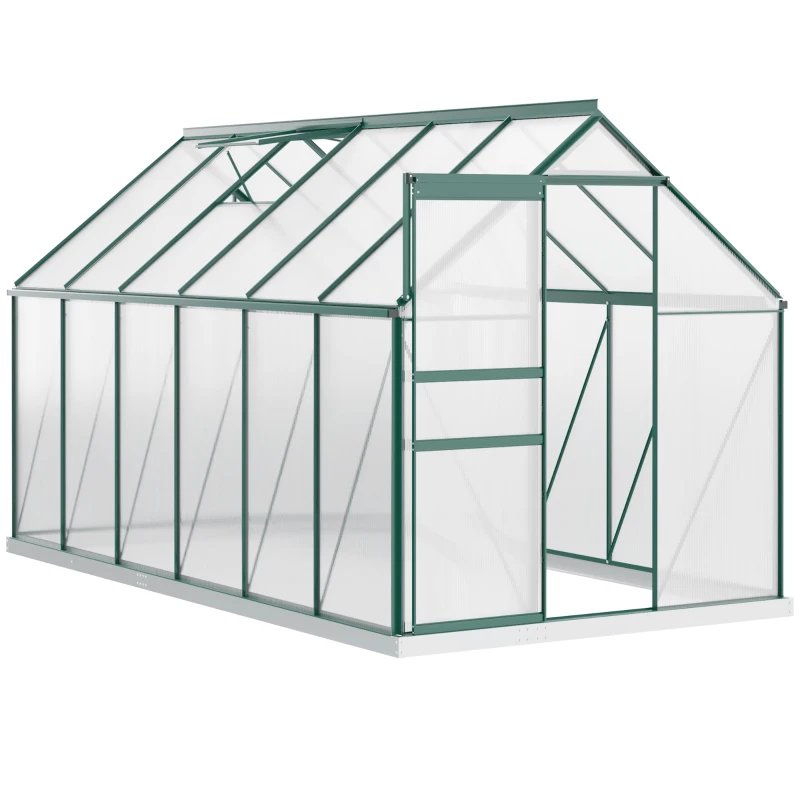 Outsunny 6' x 12' x 6.5' Polycarbonate Greenhouse, Walk-in Green House with Adjustable Roof Vent Galvanized Base Sliding Door Rain Gutter for Outdoor Garden Backyard, Green