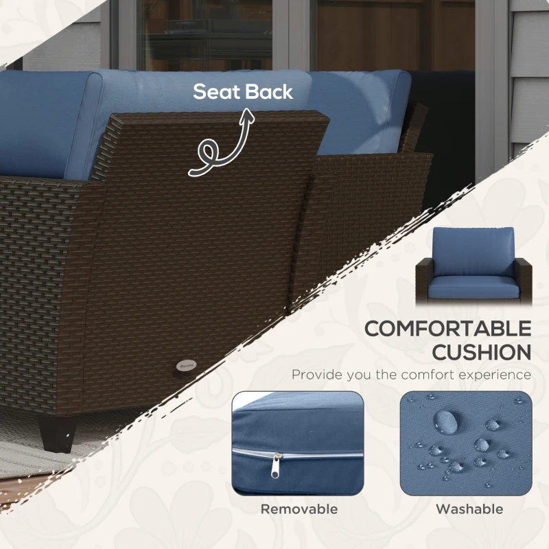 Outsunny 5-Piece Patio Furniture Set with PE Rattan Three-Seater Sofa, Armchairs, Footstools, Cushions, Deep Coffee