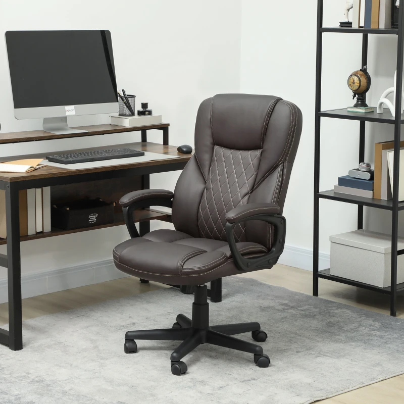 HOMCOM High Back Ergonomic Office Chair, PU Leather Executive Desk Chair with Adjustable Height and Swivel Wheels, Brown
