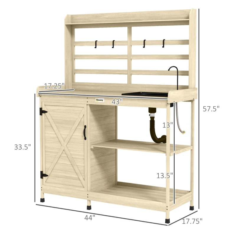 Outsunny Wooden Potting Bench with Storage, Sink, Water Tap for Backyard, Patio, Balcony, Natural