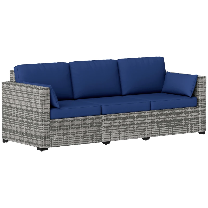 Outsunny 3-Seater Outdoor Sofa with Cushions, PE Rattan Conversation Patio Couch with Pillows for Garden, Poolside, Dark Blue