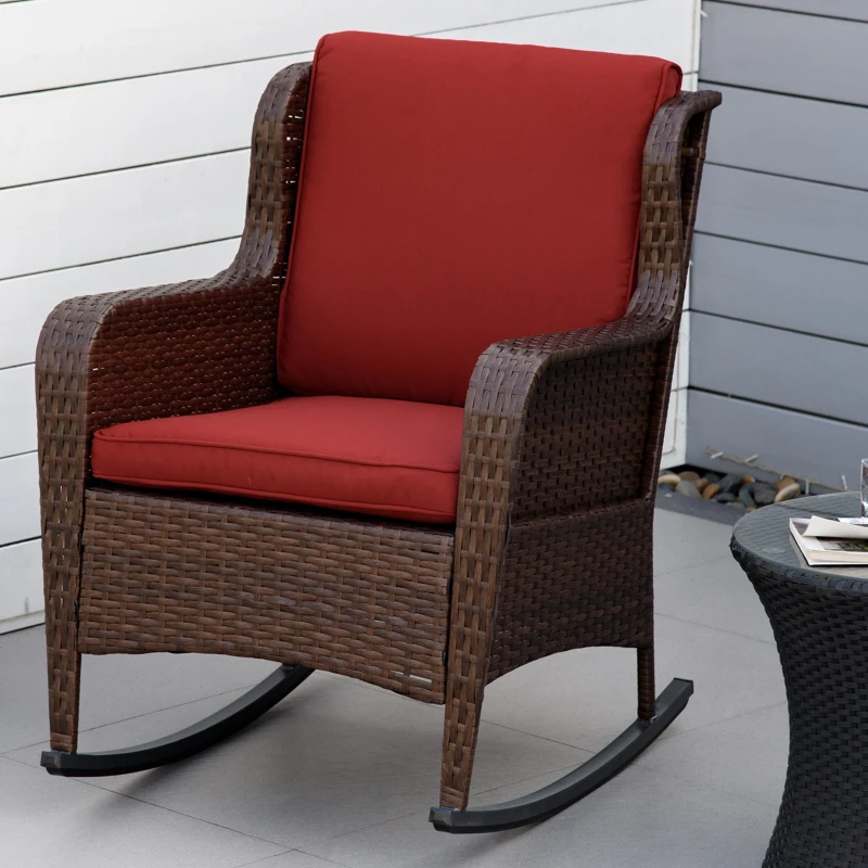Outsunny Outdoor Wicker Rocking Chair, PE Rattan Porch Rocker with Cushions, Wine Red