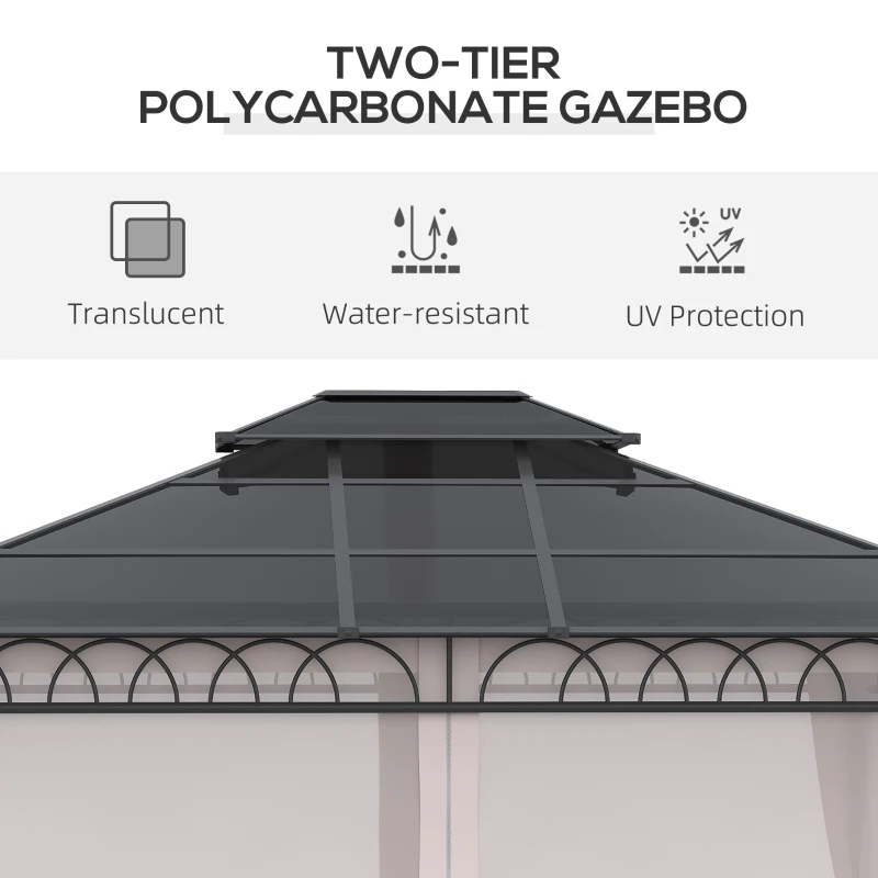 Outsunny 10' x 12' Outdoor Hardtop Gazebo Canopy w/ Double PC Roof, Steel Frame, Nettings, Curtains for Garden Lawn Deck, Khaki