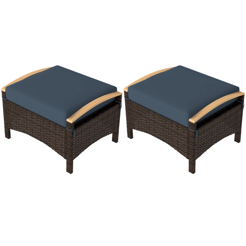 Outsunny 2 Pieces Wicker Outdoor Ottoman with Removable Cushion, Rattan Outdoor Footstool, Footrest and Side Table, Blue