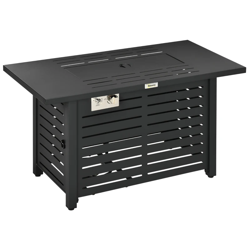 Outsunny Propane Gas Fire Pit Table, Outdoor Firepit with 43" Steel Tabletop and Lid, 50,000 BTU Pulse Ignition Fire Table w/ Stainless Steel Burner, Glass Wind Guard, and Cover