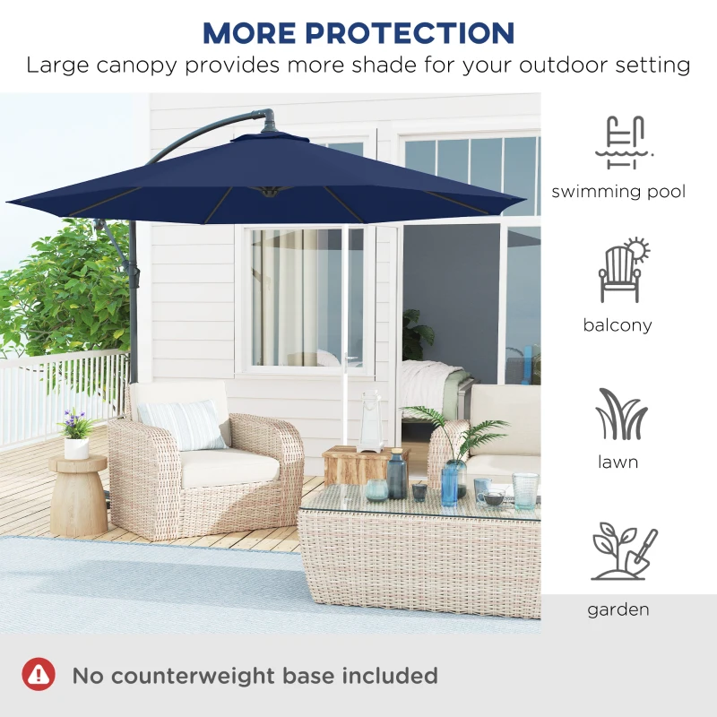 Outsunny 10' Cantilever Tilt Offset Patio Umbrella w/ UV & Water Safe Material & Cross Base (Weight Not Included), Navy Blue