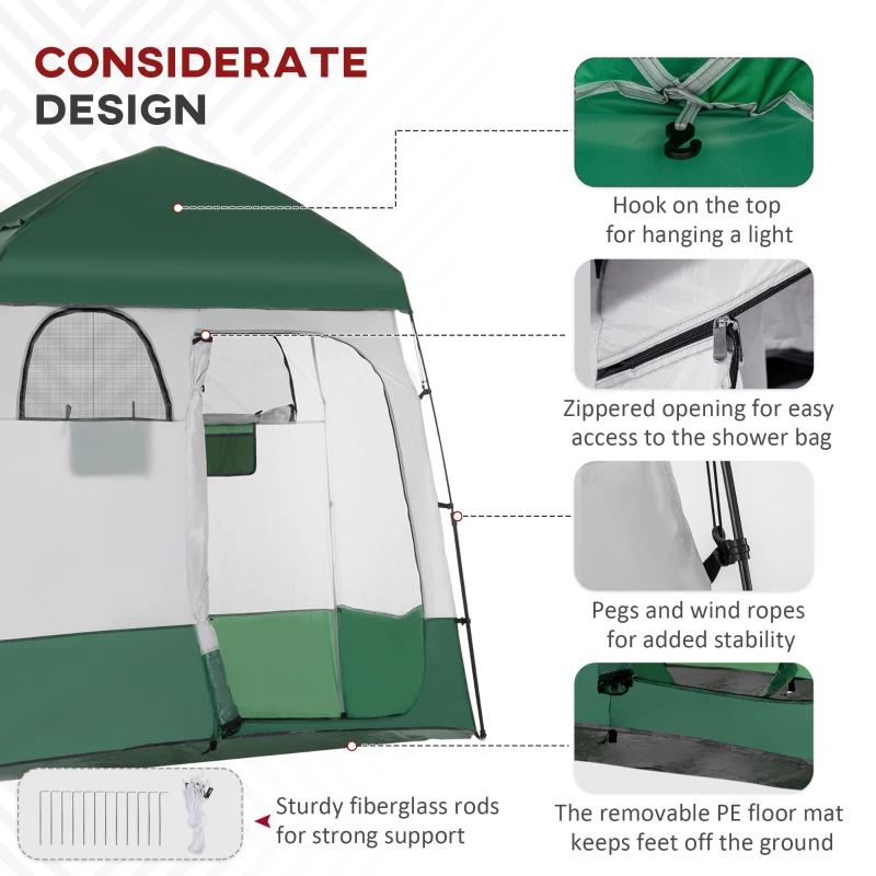 Outsunny Outdoor Portable Pop Up Shower Tent Changing Tent Privacy Enclosure with 2 Rooms, Shower Bag, Floor for Camping, Green