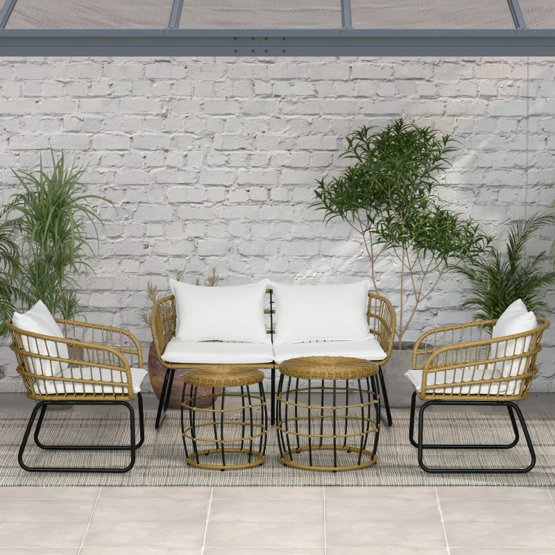 Outsunny 5 Piece PE Rattan Outdoor Furniture Set with Cushioned Chairs, Loveseat Sofa & Stackable Coffee Tables, Cream White