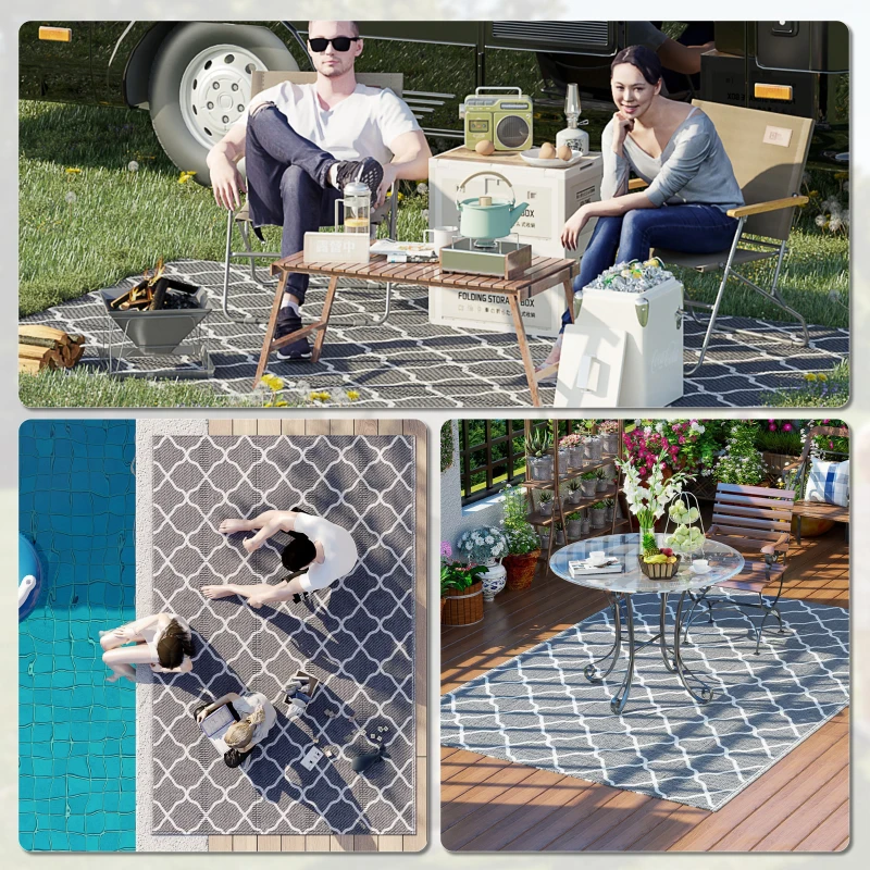 Outsunny Waterproof  Outdoor Rug, 6' x 9' RV Rug Reversible Mat for Backyard, Deck, Picnic, Beach, Camping, Grey & White Net