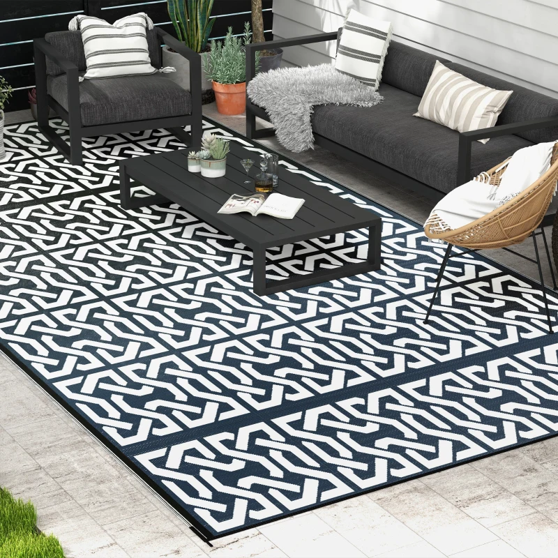 Outsunny Reversible Outdoor Rug Carpet RV Camping Rugs with Carry Bag, 9' x 18', Black & White Chain