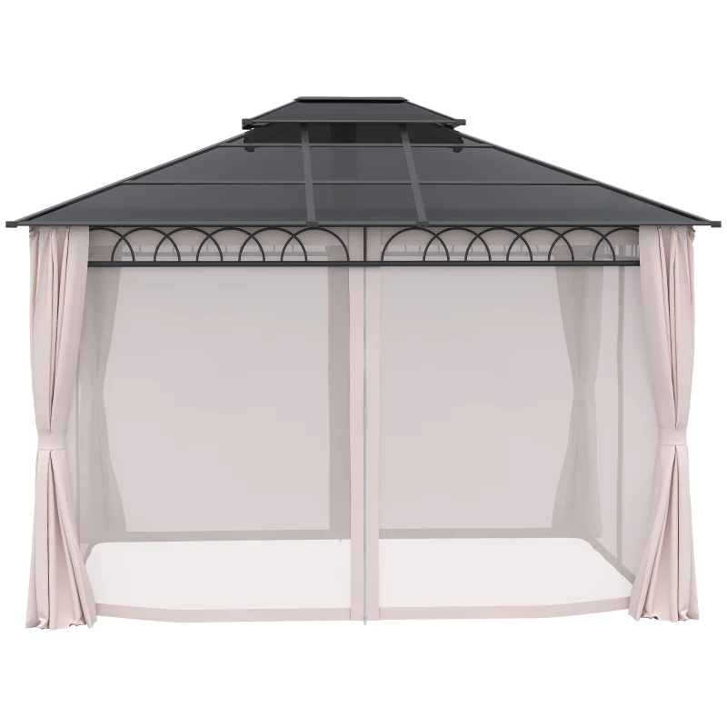 Outsunny 10' x 12' Outdoor Hardtop Gazebo Canopy w/ Double PC Roof, Steel Frame, Nettings, Curtains for Garden Lawn Deck, Khaki