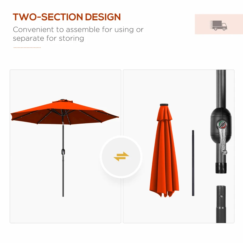 Outsunny 9ft Solar Patio Umbrella Outdoor Sunshade 24 LED Lights Tilt Canopy Orange