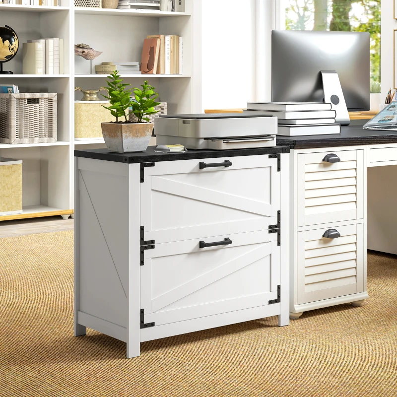 HOMCOM 2 Drawer Filing Cabinet, Farmhouse Office Storage Cabinet with Adjustable Hanging Bars for Letter, A4, Legal Size, White