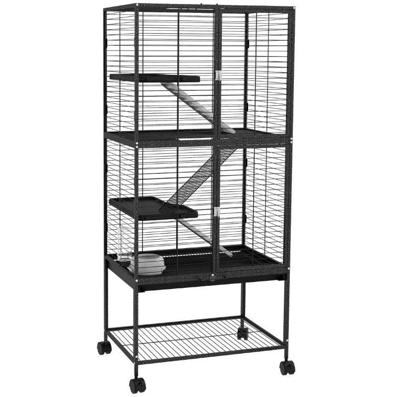 PawHut Rolling Small Animal Cage 53.5"H Chinchilla Cage for Ferrets, Squirrels w/ Removable Tray, Storage Shelf, Dark Grey