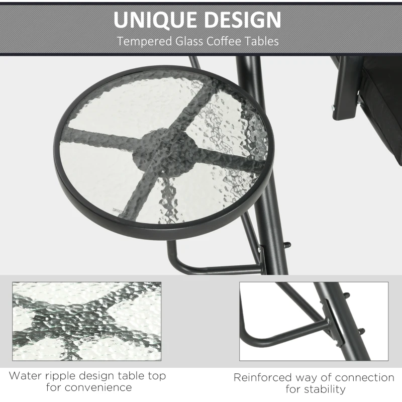 Outsunny 3 Seat Outdoor Swing Chair Steel Swing Bench Porch Swing With Adjustable Canopy & Coffee Tables & Cushion for Patio Garden, Black