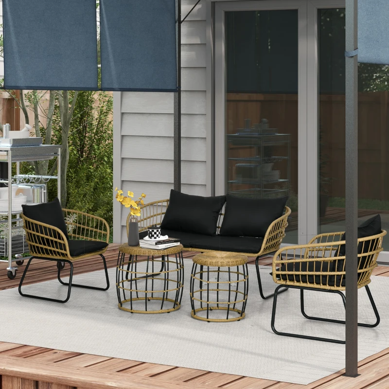Outsunny 5 Piece PE Rattan Outdoor Furniture Set with Cushioned Chairs, Loveseat Sofa & Stackable Coffee Tables, Black