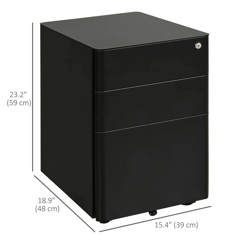 Vinsetto Metal Filing Cabinet 3 Drawer, Mobile Office Cabinet with Wheels for Legal, Letter, A4 File, Black