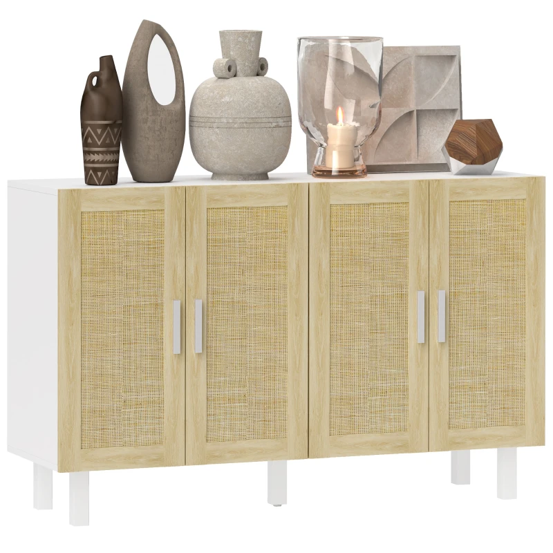 HOMCOM Boho Kitchen Cabinet, Buffet Cabinet with 4 Rattan Doors and Adjustable Shelves for Dining Room, White and Natural