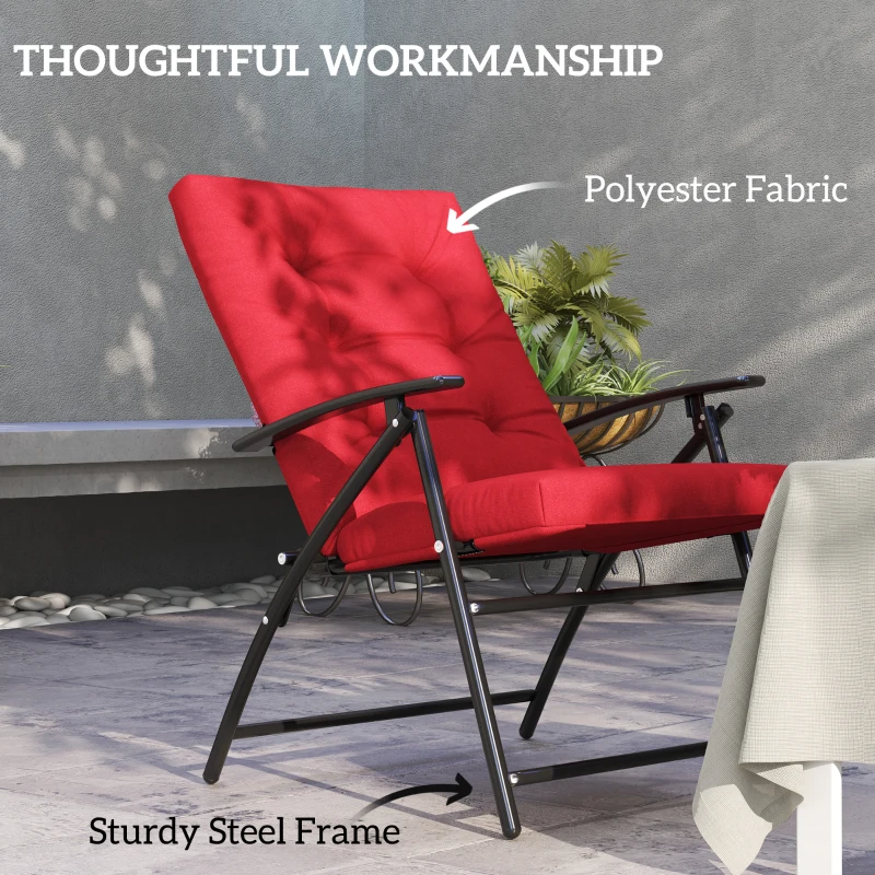 Outsunny Foldable Lounge Chair, Fabric Upholstered Recliner, Outdoor Lounger with Armrest, Metal Frame for Backyard, Red