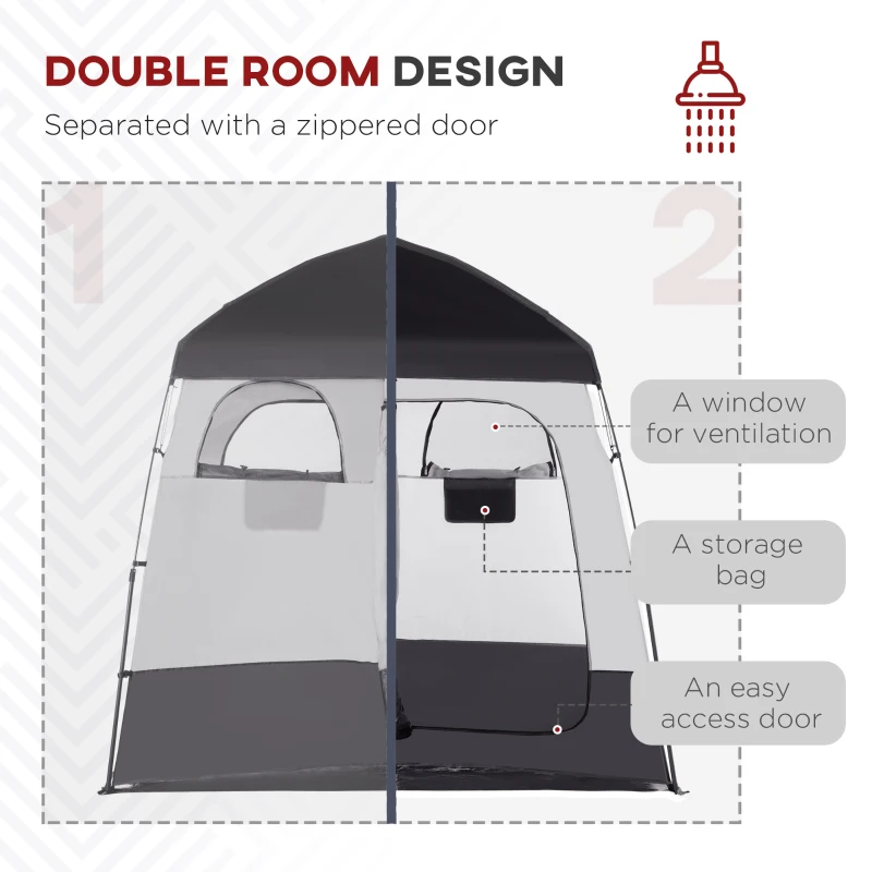 Outsunny Outdoor Portable Pop Up Shower Tent Changing Tent Privacy Enclosure with 2 Rooms, Shower Bag, Floor for Camping, Black