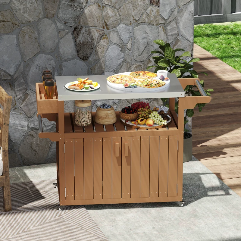 Outsunny Outdoor Bar Cart with Storage, Stainless Steel Outdoor Bar Table Top, Wheeled HDPE Kitchen Island for Food Prep, Brown