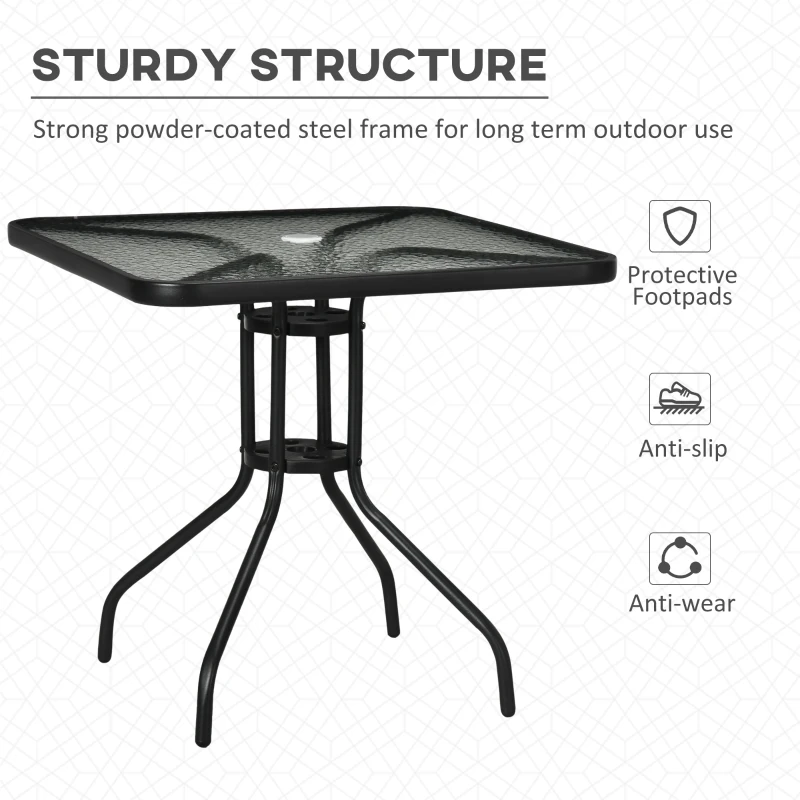 Outsunny Square Patio Dining Table with Umbrella Hole Tempered Glass Top Outdoor Dining Table for Garden Balcony Black