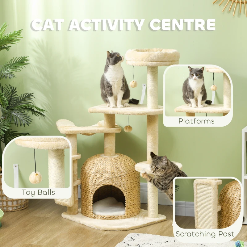 PawHut 44" Cat Tree Tower with Scratching Posts, Cat Condo, Hammock, Bed, Platforms, Toy Balls for Indoor Cats