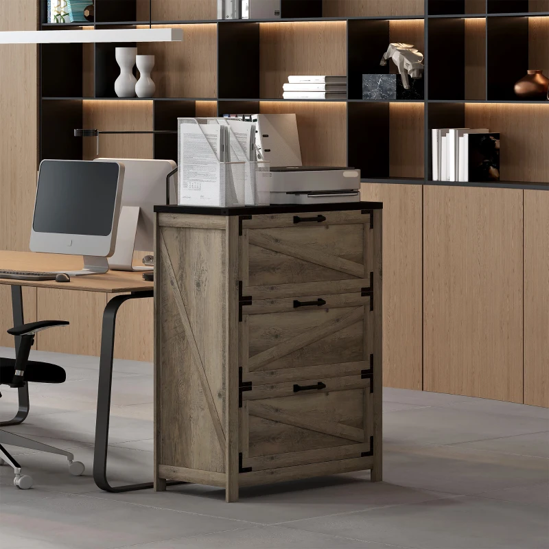 HOMCOM 3 Drawer Filing Cabinet, Farmhouse Office Storage Cabinet with Adjustable Hanging Bars for Letter, A4, Legal Size, Grey