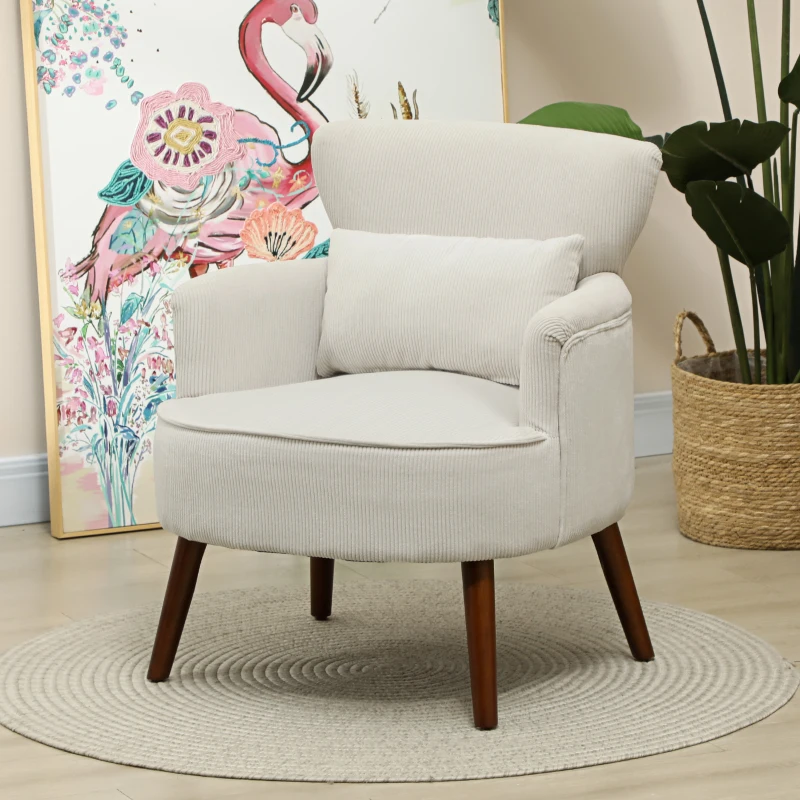 HOMCOM Modern Accent Chair, Upholstered Armchair with Solid Wood Legs and Lumbar Pillow for Living Room, Cream White