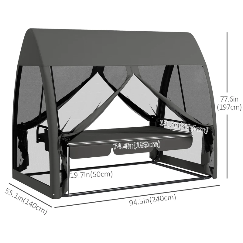 Outsunny 3-Seater Outdoor Swing Chair Chaise Lounger Bed Garden Hammock with Steel Stand, Canopy Netting Walls, Dark Grey