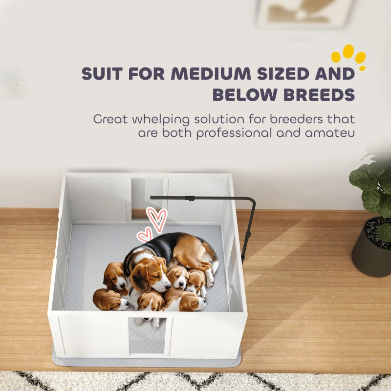 PawHut Whelping Box for Dogs with Retractable Light Stand, Washable Waterproof Pee Pad & Adjustable Door, 39" x 38" x 19"
