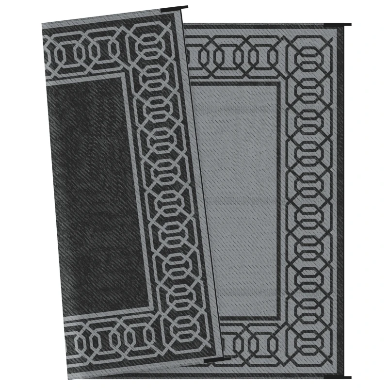 Outsunny Outdoor Rug for Patio, 9' x 12' Waterproof Large Mat, Reversible Plastic Straw Rug for Decor, Portable Outside RV Camping Area Carpet Mat for Backyard Porch Deck Picnic, Black & Gray Border