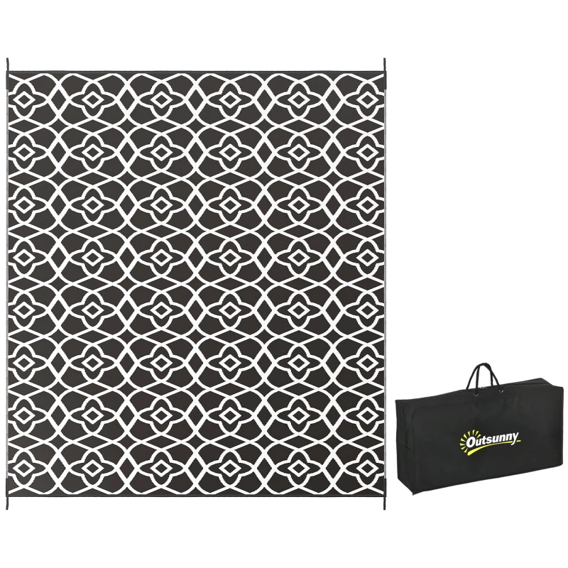 Outsunny Reversible Outdoor Rug Carpet RV Camping Rugs with Carry Bag, 8' x 10', Black & White Clover