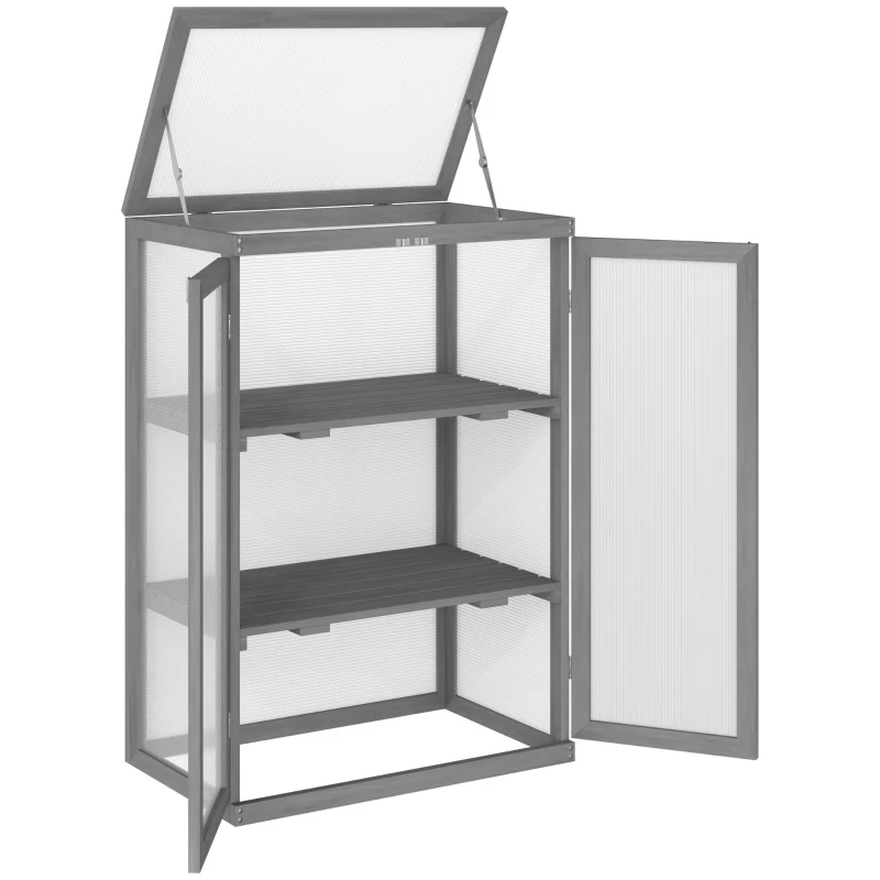Outsunny Wooden 2 Tier Cold Frame Greenhouse Polycarbonate Plant Grow House Portable Garden, Dark Gray