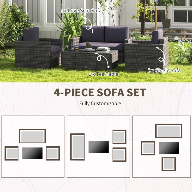 Outsunny 4 Pieces Rattan Sofa Set Wicker Patio Sofa Set with Loveseat Chairs Glass Top Coffee Table for Garden Outdoor Gray