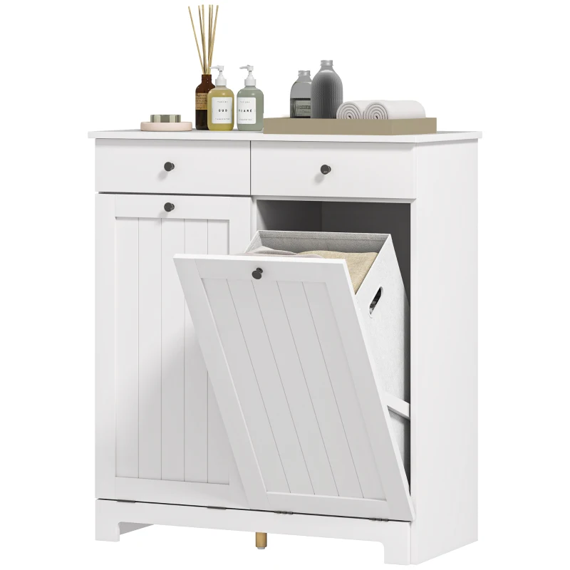 HOMCOM Laundry Cabinet, Tilt Out Laundry Hamper Cabinet with 2 Baskets, Bathroom Hamper Cabinet with 2 Drawers, White