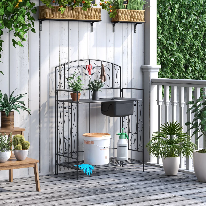 Outsunny Folding Potting Bench Table, Metal Garden Workstation, Work Bench with Large Built-in Bag with Cover, 5 Hanging Hooks & Storage Shelf, Leaf Pattern