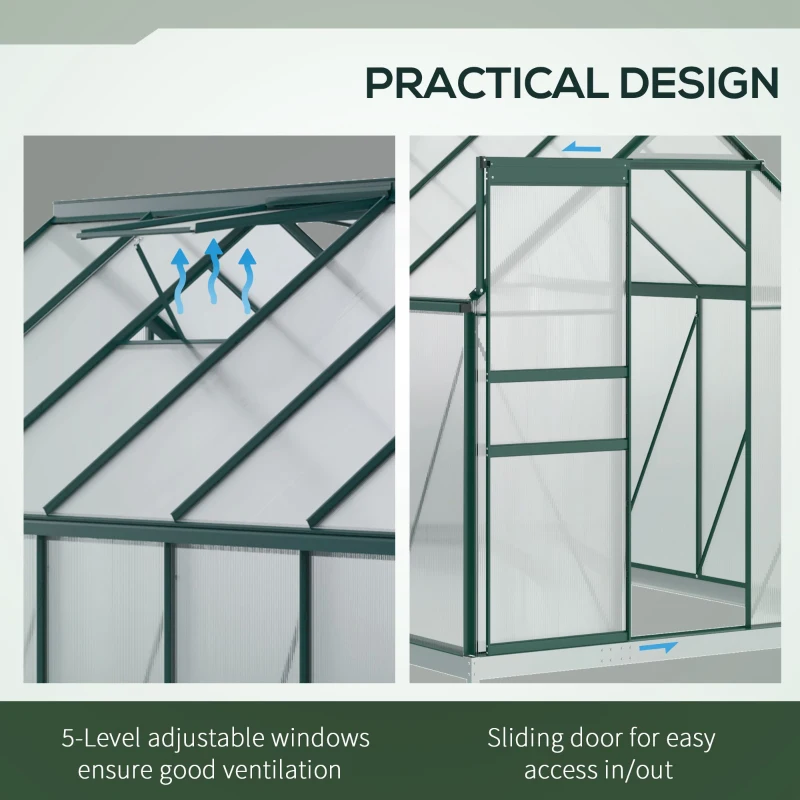 Outsunny 6' x 12' x 6.5' Polycarbonate Greenhouse, Walk-in Green House with Adjustable Roof Vent Galvanized Base Sliding Door Rain Gutter for Outdoor Garden Backyard, Green