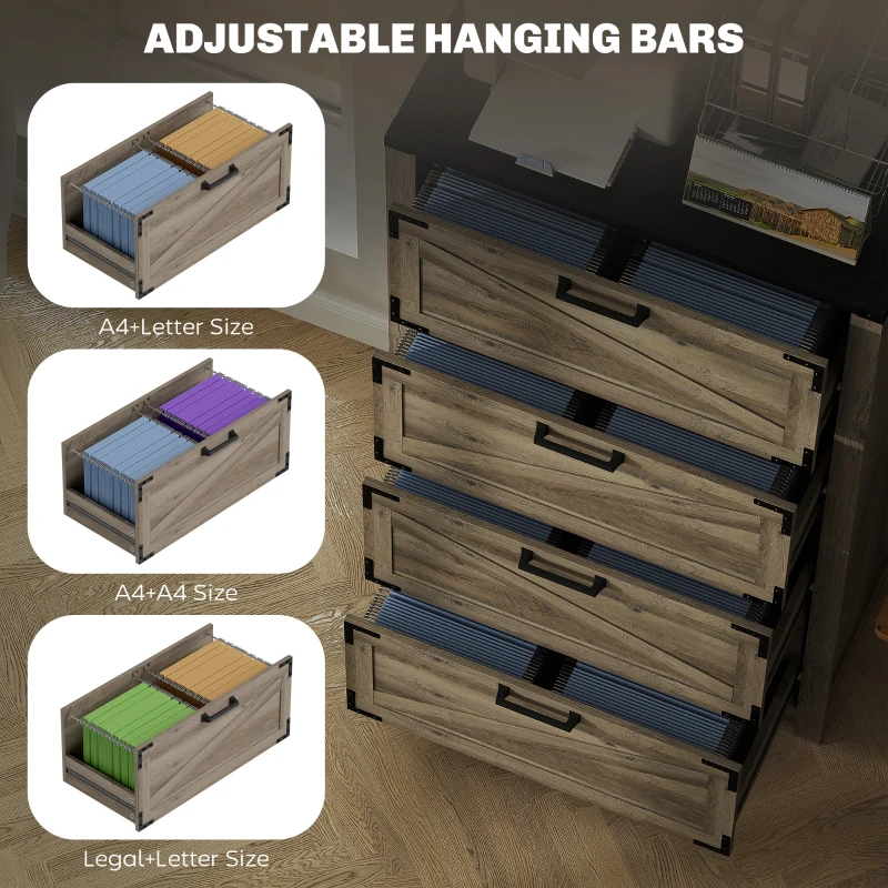 HOMCOM 4 Drawer Filing Cabinet, Farmhouse Office Storage Cabinet with Adjustable Hanging Bars for Letter, A4, Legal Size, Grey