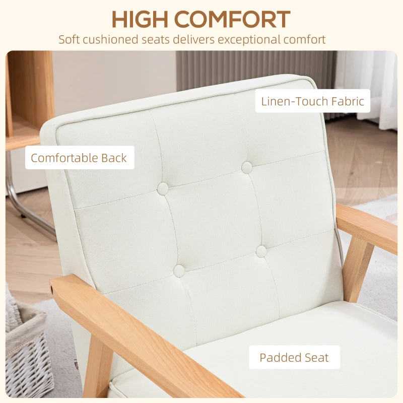 HOMCOM Modern Armchair Fabric, Accent Chair with Tufted Back, Wood Legs and Thick Padding for Living Room, Bedroom, Cream White