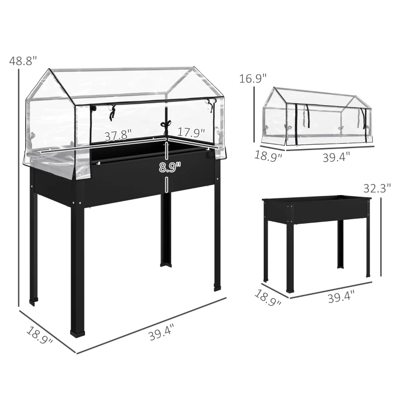 Outsunny Elevated Garden Box with Greenhouse Cover, Raised Garden Bed with Legs and Drainage Hole for Vegetables, Black