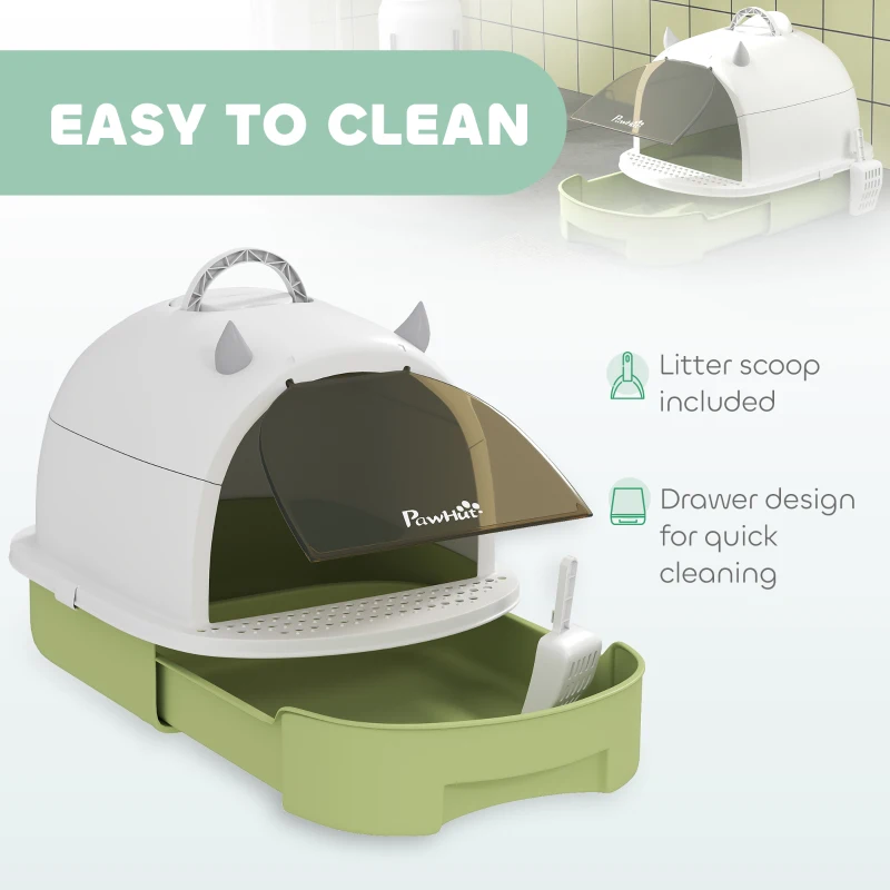 PawHut Cat Litter Box with Lid, Front Door Flap, Scoop, Handle, Easy Clean, for Small and Medium Cats, Green