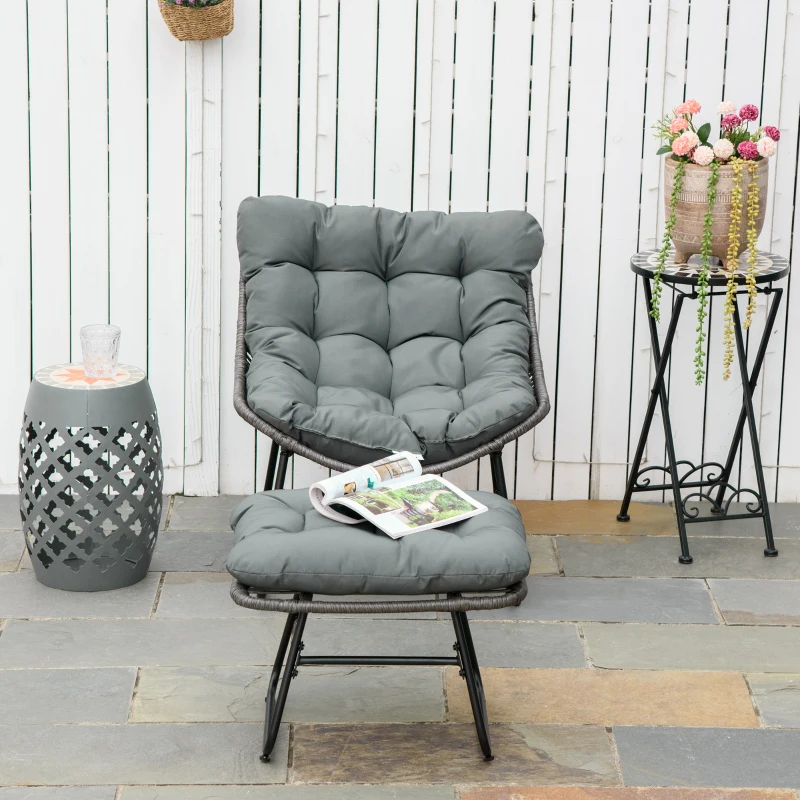Outsunny Rattan Chair w/ Stool, Cushion, Adjustable Foot Pads, Grey