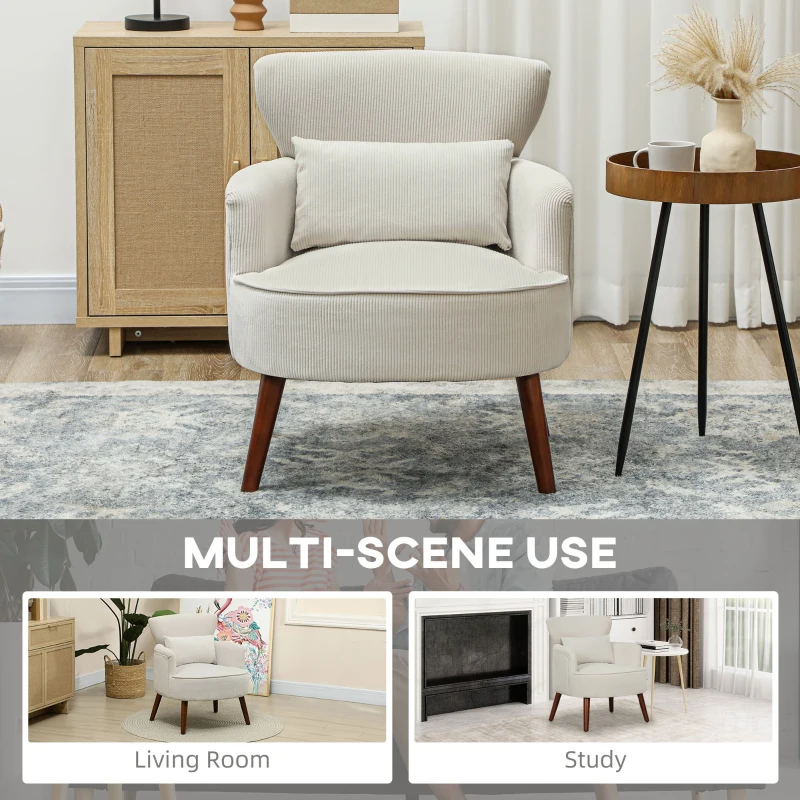 HOMCOM Modern Accent Chair, Upholstered Armchair with Solid Wood Legs and Lumbar Pillow for Living Room, Cream White