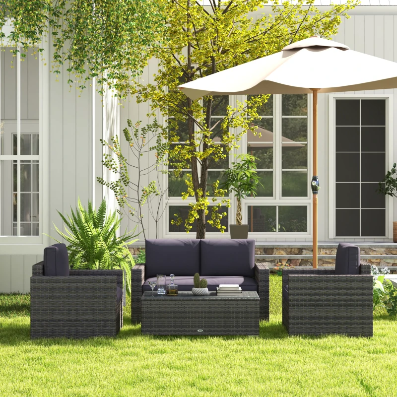 Outsunny 4 Pieces Rattan Sofa Set Wicker Patio Sofa Set with Loveseat Chairs Glass Top Coffee Table for Garden Outdoor Gray