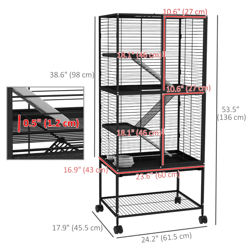 PawHut Rolling Small Animal Cage 53.5"H Chinchilla Cage for Ferrets, Squirrels w/ Removable Tray, Storage Shelf, Black