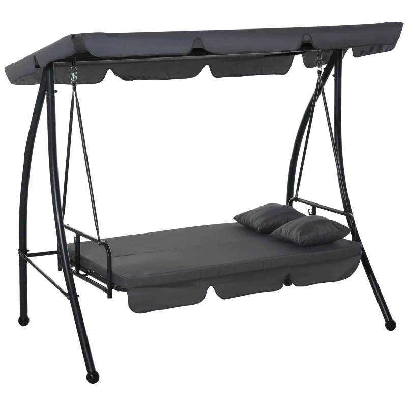 Outsunny Patio Swing Chair, 3 Person Convertible Hammock, Outdoor Swing Lounge Bed, Cushioned with Tilt Canopy, Dark Grey